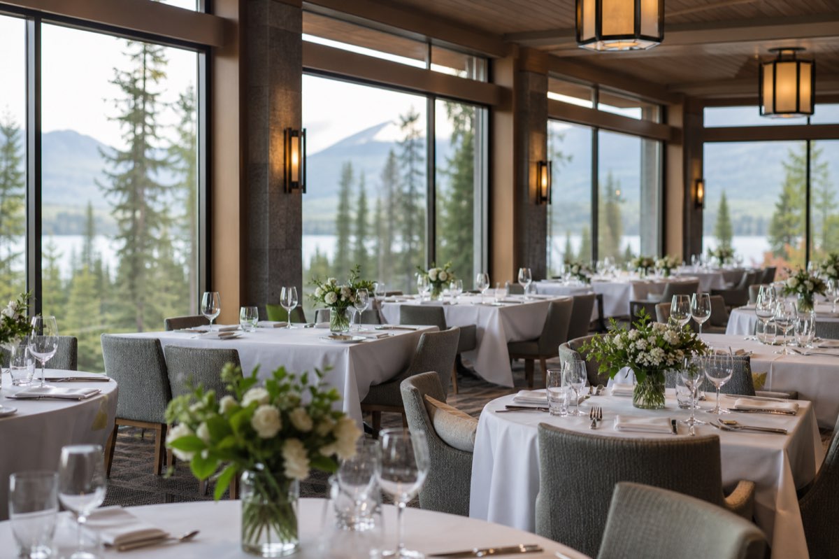 Empty dining room with white linens and soft daylight at Aurora Resort & Spa